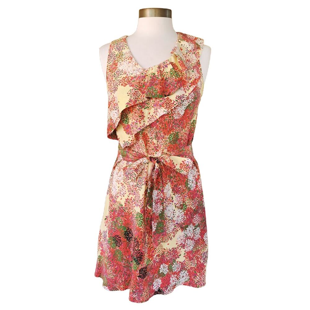 Ali Ro Floral Dress Silk Ruffle Tie Waist Pink Yellow Multi